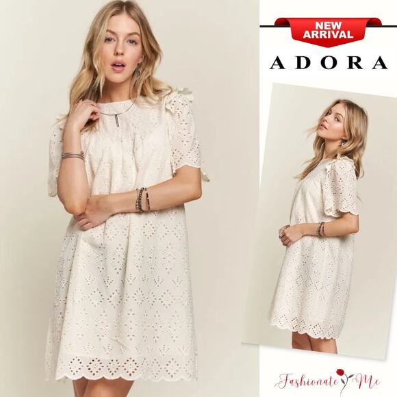 ADORA Ruffle Shoulder Eyelet Round Neck Scallop Edge Detail Mini Dress | Natural - Picture 1 of 8